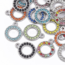 304 Stainless Steel Pendants, with Rhinestone, Round Ring, Mixed Color, 15.5x12.5x2mm, Hole: 1.4mm