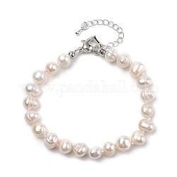 Pulseras de abalorios de perlas, con los fornituras de latón y los corchetes de la garra de la aleación de langosta, color plateado, blanco, 190mm