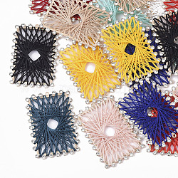 Polyester gewebte große Anhänger, mit leicht vergoldeten Eisenfunden und Kristallstrassstein, Rechteck, Mischfarbe, 50x35x3 mm, Bohrung: 1.5 mm