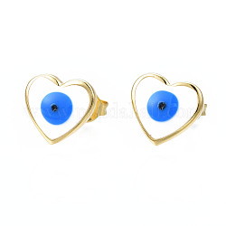Boucles d'oreilles coeur avec mauvais oeil, véritables bijoux en laiton plaqué 18k or véritable pour femmes, sans nickel, Dodger bleu, 9x9.5mm, pin: 0.8 mm