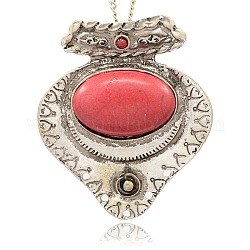 Antique Silver Plated Alloy Synthetic Turquoise Big Pendants, teardrop, Red, 56x48x14mm, Hole: 4x7mm