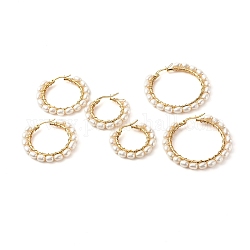 Pendientes de aro de latón con perlas naturales, 304 con ganchos de acero inoxidable, anillo, blanco, 30~46x30~48x4.5mm, pin: 0.7 mm, 3 pares / set