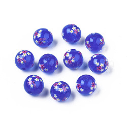 Perles opaques faits à la main en acrylique de fleurs imprimées, ronde, bleu, 9x9.5mm, Trou: 1.8mm