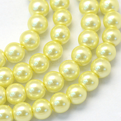 Baking Painted Pearlized Glass Pearl Round Bead Strands, Champagne Yellow, 8~9mm, Hole: 1mm, about 105pcs/strand, 31.4 inch