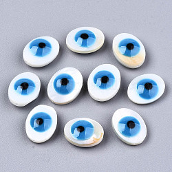 Cuentas de concha naturales de agua dulce, con esmalte, lentejuelas esmaltadas, oval con mal de ojo, azul dodger, 12x9.5x4.5mm, agujero: 0.8 mm