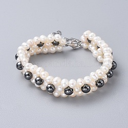 Non-Magnetic Synthetic Hematite Beads Bracelets, with Natural Pearl Beads, 304 Stainless Steel Lobster Claw Clasps and Kraft Paper Cardboard Jewelry Boxes, 7-5/8 inch(19.5cm)