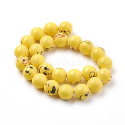 Handmade Porcelain Beads, Round with Expression, Yellow, 14mm, Hole: 2.5mm, about 25pcs/strand, 13.3 inch(34cm)