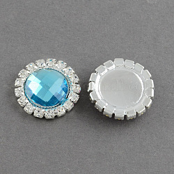 Shining Flat Back Faceted Half Round Acrylic Rhinestone Cabochons, with Grade A Crystal Rhinestones and Brass Cabochon Settings, Silver Metal Color, Medium Turquoise, 18x5.5mm