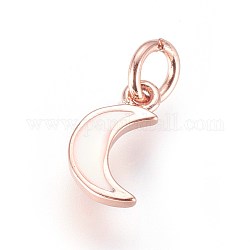 Enamel Brass Charms, with Jump Ring, Moon, White, Rose Gold, 10x6x2mm, Hole: 3mm