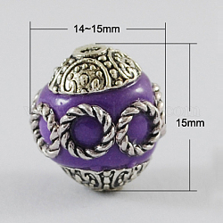Handmade Indonesia Beads, with Alloy Cores, Round, Purple, 14~15x15mm, Hole: 2mm