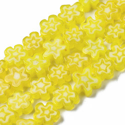 Chapelets de perle de millefiori en verre manuelles, fleur, jaune, 5.5~8x2.5mm, Trou: 1mm, Environ 64~67 pcs/chapelet, 15.75 pouce ~ 16.34 pouces (40~41.5 cm)