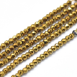 FilI di perline in vetro placcato, pieno placcato, sfaccettato, abaco, oro placcato, 2x1.5~1.6mm, Foro: 0.8 mm, circa 235 pcs/filo, 14.17 pollice (36 cm)