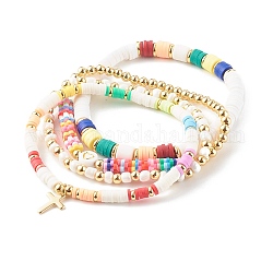 Bracciali impilabili, set di braccialetti con perline elasticizzati, con perle di argilla polimerica, perline di ottone e ciondoli a croce, oro, colore misto, diametro interno: 2-1/4 pollice (5.6 cm), 4 pc / set