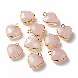 Pendentifs de quartz rose naturel, avec des accessoires de fer sans cadmium, sans nickel et sans plomb, facette, cœur, or, 16~17x14~15x6~7mm, Trou: 1.8mm