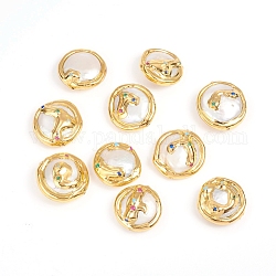 Perles nacrées en coquilles, avec des accessoires en émail et en laiton, bord plaqué or, plat rond, or, 19~21.5x8.5~11.5mm, Trou: 0.6mm