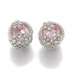 Abalorios de Diamante de imitación de la aleación, hueco, Abalorios de grande agujero, plano y redondo con flor, rosa, Platino, 12x15mm, agujero: 5.5 mm