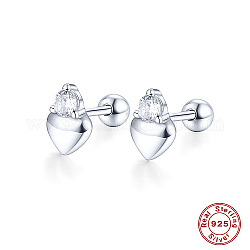 Boucle d'oreille en forme de cœur en argent sterling rhodié avec 925 zircone cubique, platine, 7x3mm