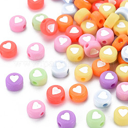 Opaque Acrylic Beads, Flat Round with Heart, Mixed Color, 7x4mm, Hole: 1.5mm