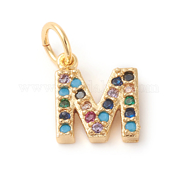 Brass Micro Pave Colorful Cubic Zirconia Charms, Golden, Letter.M, 9x8x2mm, Hole: 3mm