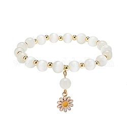 Bracelet extensible en perles œil de chat avec breloque marguerite en alliage d'émail pour femme, blanc, diamètre intérieur: 2-3/8 pouce (5.9 cm)