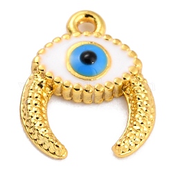 Golden Brass Enamel Pendants, Long-Lasting Plated, Evil Eye with Ox Horn, White, 11.5x9x2mm, Hole: 1mm