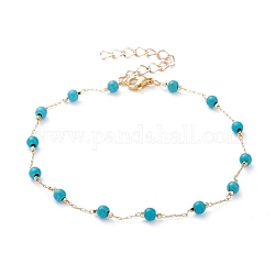 Round Synthetic Turquoise Anklets, with Brass Cable Chains and 304 Stainless Steel Lobster Claw Clasps, Golden, Dark Cyan, 9-1/2 inch(24cm)