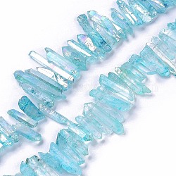 Hebras de cuentas teñidas de cristal de cuarzo craquelado natural galvanizado, color de ab, chip, luz azul cielo, 13~38x3~7x4~7mm, agujero: 1 mm, aproximamente 67~70 pcs / cadena, 14.76~15.16'' (37.5~38.5 cm)