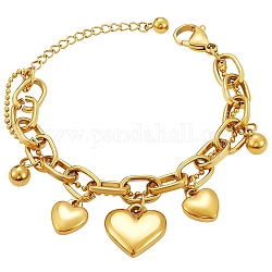 Bracelets à breloques coeur en acier au titane pour femmes, Bracelets de multi-brins, avec chaînes porte-câbles et chaînes à billes, or