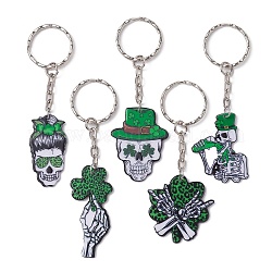 Porte-clés pendentifs en acrylique imprimés pour la saint-patrick, avec porte-clés fendus, crane, platine, 8.8~9.7 cm