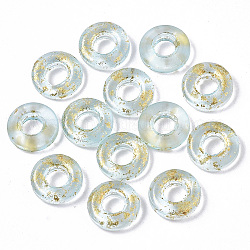 Perles européennes en verre transparent peint par pulvérisation, Perles avec un grand trou   , avec une feuille d'or, donut, turquoise pale, 11x3mm, Trou: 4mm