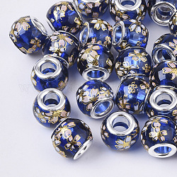 Bedruckte europäische Glasperlen aus transparentem Glas, Großloch perlen, mit Platin-Ton Messing Doppeladern, Rondelle mit Sakura-Muster, Blau, 12x9.5 mm, Bohrung: 5 mm