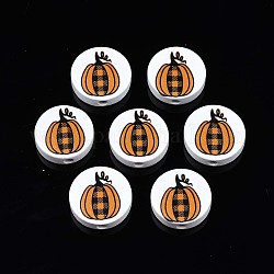 Perline di legno naturale stampate a tema autunnale, tondo piatto con motivo zucca scozzese, arancione scuro, 19~20x5.9mm, Foro: 2~2.2 mm