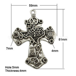 Tibetan Style Pendant Rhinestone Settings,  Nickel Free & Lead Free, Cross, Antique Silver, 81x59x4mm, Hole: 5mm