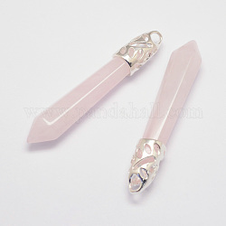 Natural Rose Quartz Big Pointed Pendants, with Alloy Findings, Bullet, Platinum, 57~63x13x10mm, Hole: 3x4mm