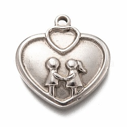 Valentine's day 304 pendentif cabochon en acier inoxydable pour émail, coeur avec son amant, argent antique, 23x22x4mm, Trou: 1.8mm