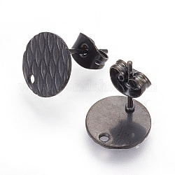 Accessoires de puces d'oreilles en 304 acier inoxydable, rond texturé plat avec grain d'ananas, électrophorèse noir, 10mm, trou: 1.2 mm, broches: 0.8 mm