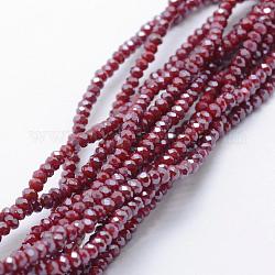 Chapelets de perles en verre opaque électrolytique, perle plaquée lustre, facette, rondelle, rouge foncé, 2.5x1.5mm, Trou: 0.5mm, Environ 197~201 pcs/chapelet, 12.9 pouce (33 cm)