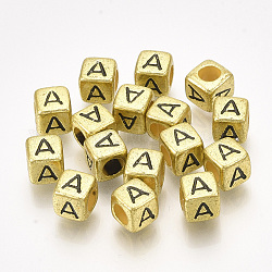 Perline acrilico, foro orizzontale, metallico cromato, cubo con letter.a, 6x6x6mm, 2600pcs/500g
