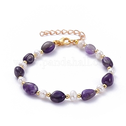 Bracelets de perles d'améthyste naturelle, avec des perles de nacre naturelle, perles en laiton et fermoirs mousquetons en 304 acier inoxydable, 9-1/2 pouce (24.2 cm)