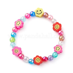 Handmade Polymer Clay Beads Stretch Bracelets for Kids, with Eco-Friendly Transparent Acrylic Beads, Flower, Colorful, Inner Diameter: 1-3/4 inch(4.5cm)