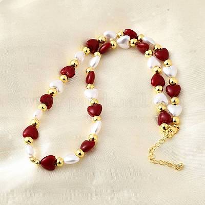 Ожерелья из латунных и АБС-искусственных жемчужин в форме сердца и круглых бусин для женщин NJEW-D314-11B-G-1