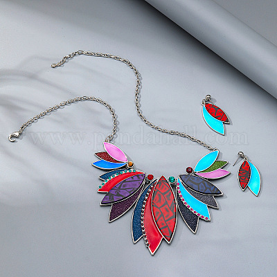 Ожерелье из сплава листьев с подвеской из искусственной кожи и серьга-гвоздик FS-WGFF9DD-04-1
