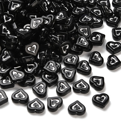 不透明なアクリルビーズ シルバーライン入り ハート ブラック 12.5x14