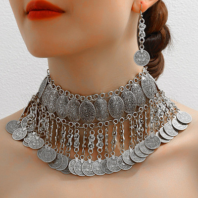 Ожерелья с подвесками в виде кисточек из сплава и наборы серег-подвесок FS-WG2882A-02-1