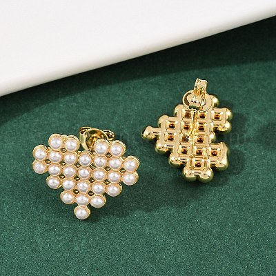 Серьги-гвоздики в форме сердца из латунного АБС-пластика с жемчугом EJEW-L275-14G-03-1