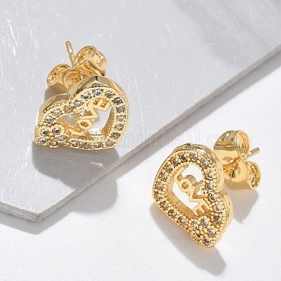 Серьги-гвоздики ко Дню святого Валентина с надписью «любовь» из латуни с микропаве из прозрачных кубических цирконий EJEW-D305-22G-01-1