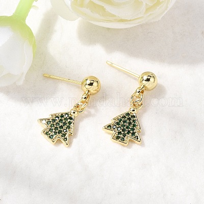 Рождественские серьги-гвоздики с подвесками из латуни с микропаве из кубических цирконий EJEW-L306-01G-01-1