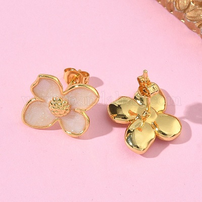 Цветок латунь эмаль серьги стержня&nbsp;EJEW-P341-03G-04-1