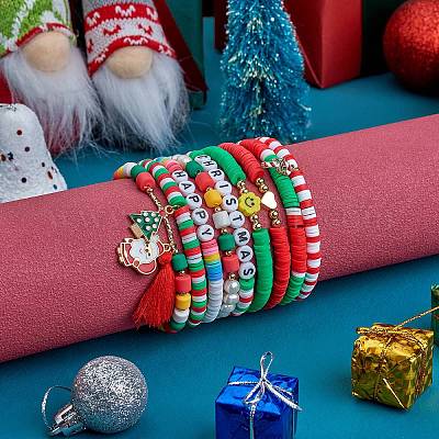 Wholesale 9Pcs 9 Style Word Happy Christmas Handmade Polymer Clay Heishi Surfer Stretch Bracelets Set with Acrylic Pandahall