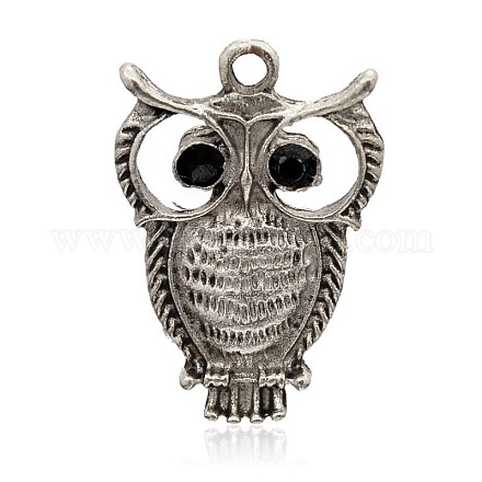 Halloween  Owl Antique Silver Plated Alloy Rhinestone Pendants ALRI-J182-02AS-1